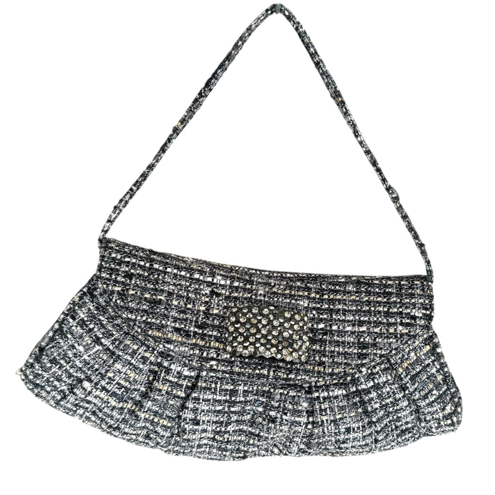 NEW Stuart Weitzman Tweed Rhinestone Flap Bag Grey Small Shoulder Bag Clutch - Picture 3 of 15